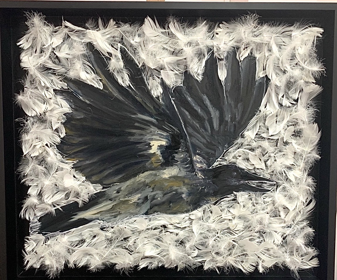 Power of the Raven — totemic painting by Marina Stognieva, oil and feathers on canvas, 2019